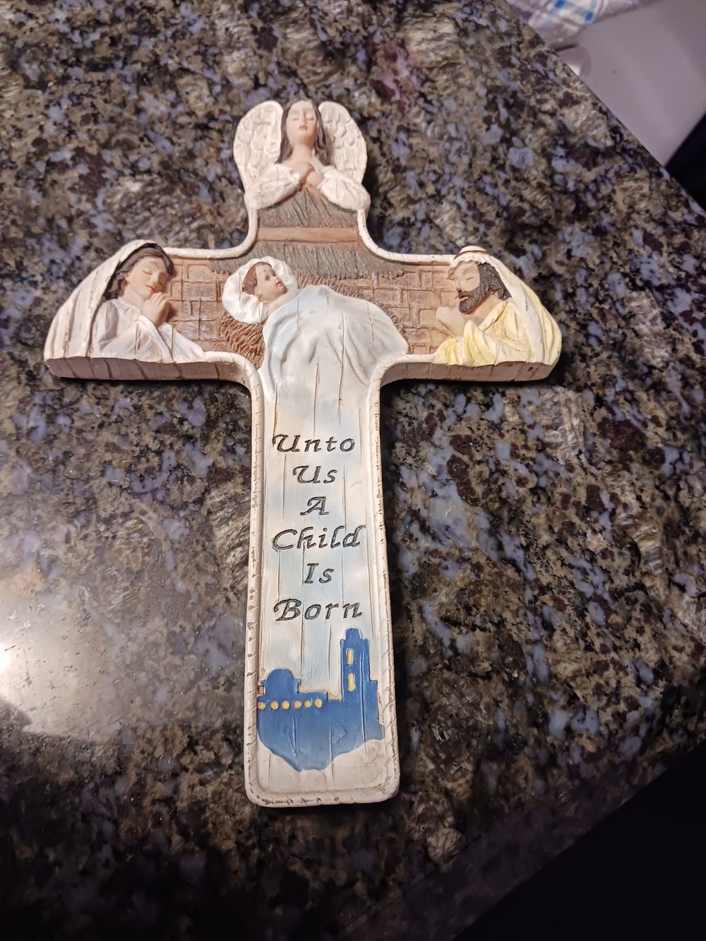Source Unknown Cream and Blue Religious Nativity Cross Wall Decor